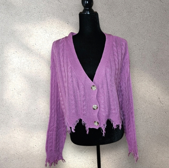 No Comment Sweaters - Distressed Cropped Purple Cable Sweater NWOT